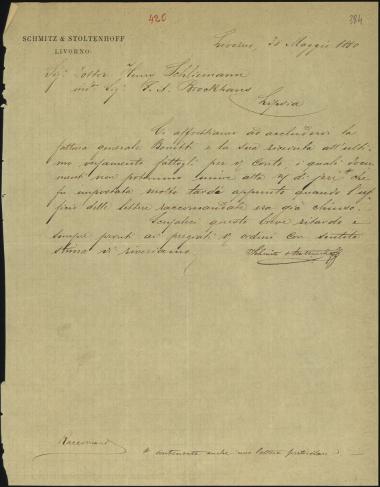 Letter sent by Schmidt & Stoltenhoff to Schliemann, Heinrich, 1880