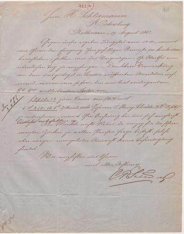 Letter sent by Sander, C. P. & Co. to Schliemann, Heinrich, 1862
