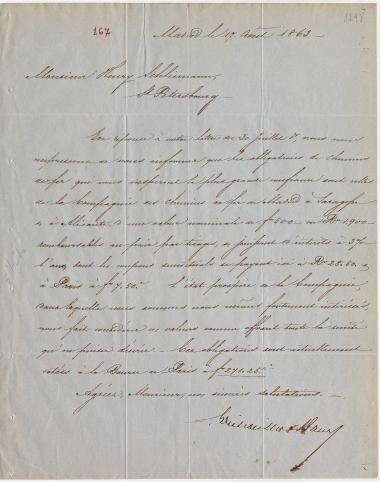 Letter sent by Weissweiler & Baur to Schliemann, Heinrich, 1863