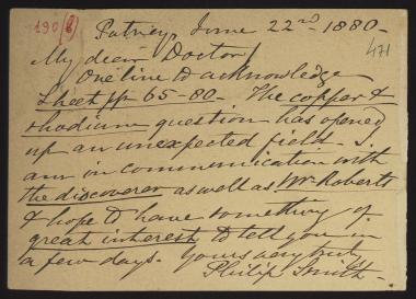 Letter sent by Smith, Philip to Schliemann, Heinrich, 1880