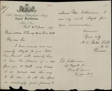Letter sent by Rollit, A. K. to Schliemann, Heinrich, 1877