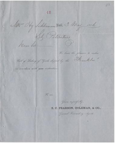 Letter sent by Pearson, Coleman & Co. to Schliemann, Heinrich, 1856