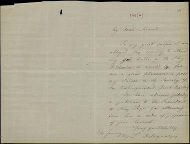 Letter sent by Δεληγεώργης, Λ. to Schliemann, Heinrich, 1875