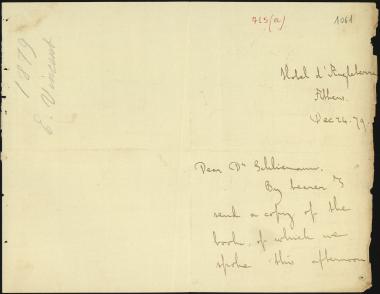 Letter sent by Vincent, Edgar to Schliemann, Heinrich, 1879