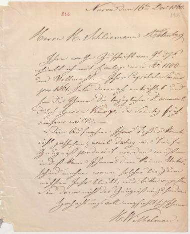 Letter sent by Wibbelmann, Hermann to Schliemann, Heinrich, 1860