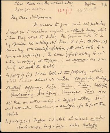 Letter sent by Mahaffy, John Pentland to Schliemann, Heinrich, 1885
