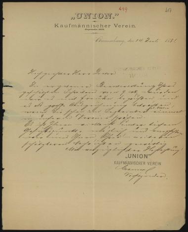 Letter sent by Union Kaüfmannischer Verein to Schliemann, Heinrich, 1881