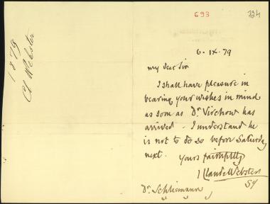 Letter sent by Webster, Claude to Schliemann, Heinrich, 1879