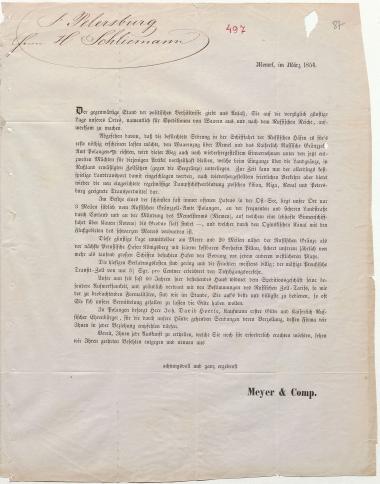 Letter sent by Meyer & Co. to Schliemann, Heinrich, 1854