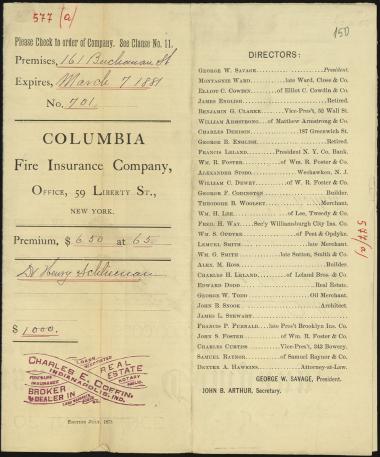 Letter sent by Fire Insurance Company of Columbia to Schliemann, Heinrich, 1880
