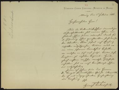 Letter sent by Lindenschmit, Heinrich to Schliemann, Heinrich, 1881