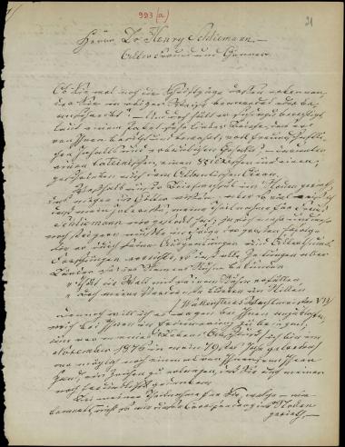 Letter sent by Vohraiben, E. V. to Schliemann, Heinrich, 1877