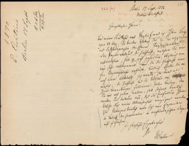 Letter sent by Curtius, Ernst W. to Schliemann, Heinrich, 1872