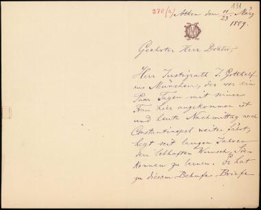 Letter sent by Deffner, Michel to Schliemann, Heinrich, 1889