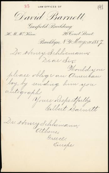 Letter sent by Barnett, Gilbert to Schliemann, Heinrich, 1887
