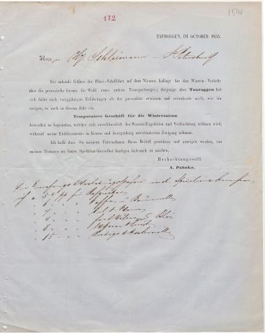 Letter sent by Pahnke, A. to Schliemann, Heinrich, 1855