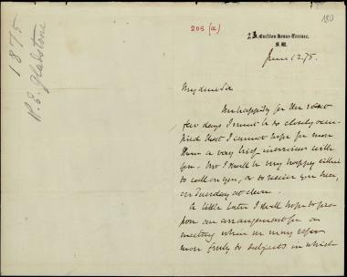 Letter sent by Gladstone, William Ewart  to Schliemann, Heinrich, 1875