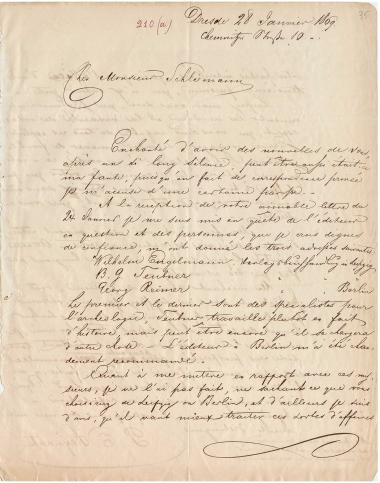 Letter sent by Heynahts, Peter Eduard to Schliemann, Heinrich, 1869