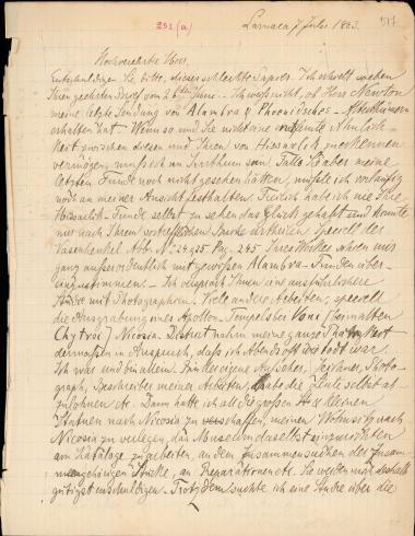 Letter sent by Ohnefalsch-Richter, Max to Schliemann, Heinrich, 1883