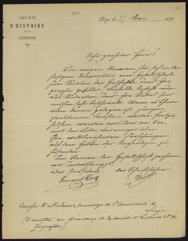 Letter sent by Société d'Histoire et de Géographie  to Schliemann, Heinrich, 1881