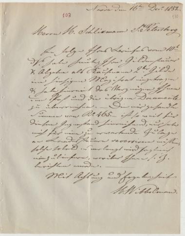 Letter sent by Wibbelmann, Hermann to Schliemann, Heinrich, 1852