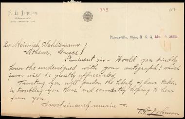 Letter sent by Johnson, F. G.  to Schliemann, Heinrich, 1888