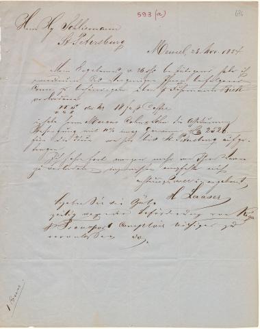 Letter sent by Laaser, H. to Schliemann, Heinrich, 1854