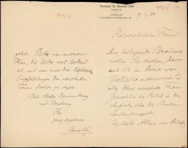 Letter sent by Cohn, Hermann to Schliemann, Heinrich, 1888
