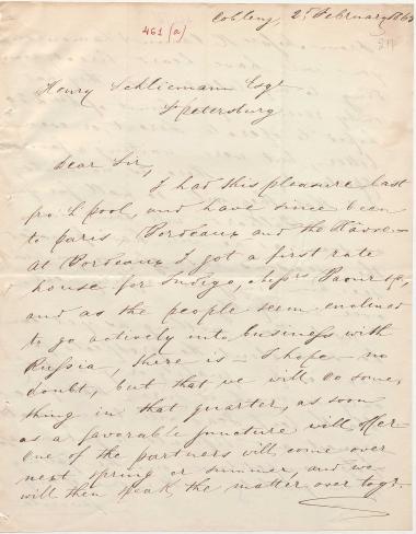 Letter sent by Schierenberg, C. and Mendelsohn, ? to Schliemann, Heinrich, 1863