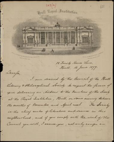 Letter sent by Hull Literary & Philosophical Society to Schliemann, Heinrich, 1877