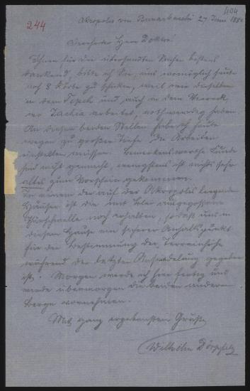 Letter sent by Dörpfeld, Wilhelm to Schliemann, Heinrich, 1882