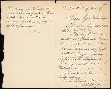 Letter sent by Caravel, A. de to Schliemann, Heinrich, 1889