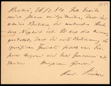 Letter sent by Virchow, Rudolf to Schliemann, Heinrich, 1884