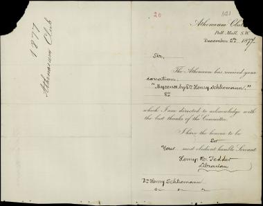 Letter sent by Athenaeum Club to Schliemann, Heinrich, 1877
