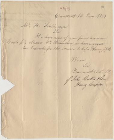 Letter sent by Booker, John & Son to Schliemann, Heinrich, 1853