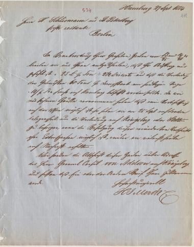 Letter sent by Merck, H. I. & Co. to Schliemann, Heinrich, 1854