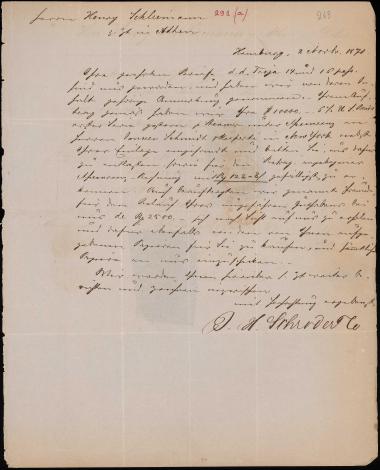 Letter sent by Schröder, Henry J. & Co. to Schliemann, Heinrich, 1871