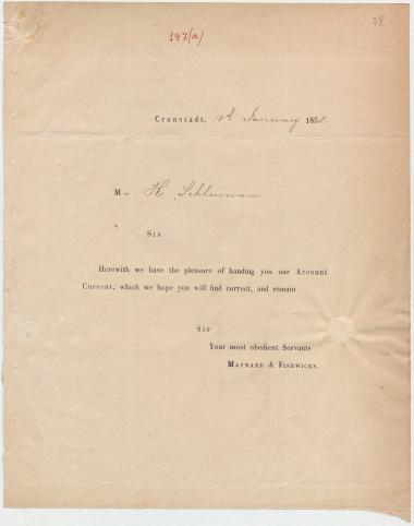 Letter sent by Maynard & Fishwicks to Schliemann, Heinrich, 1858