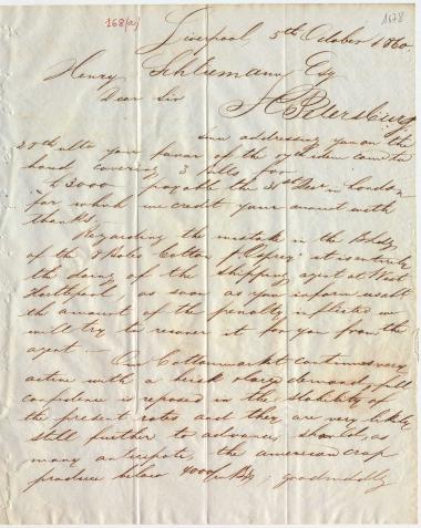 Letter sent by Prange & Meyer to Schliemann, Heinrich, 1860