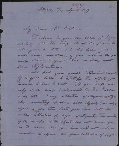 Letter sent by Δεληγεώργης, Λ. to Schliemann, Heinrich, 1879