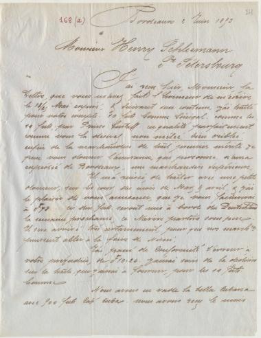 Letter sent by Fournier, Maurice to Schliemann, Heinrich, 1853