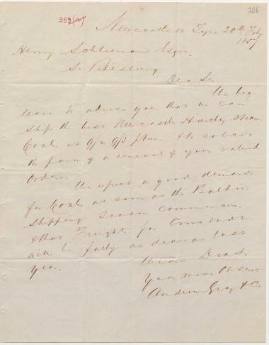 Letter sent by Gray, Andrew & Co. to Schliemann, Heinrich, 1857