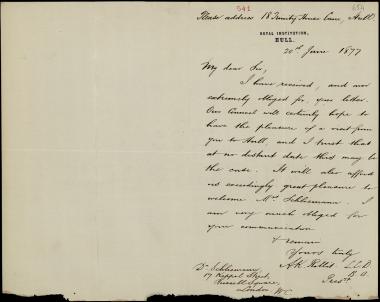 Letter sent by Rollit, A. K. to Schliemann, Heinrich, 1877