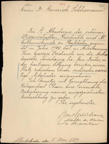 Letter sent by Akademie der schönen Wissenschaften, Geschichte und Altertumskunde zu Stockholm to Schliemann, Heinrich, 1889
