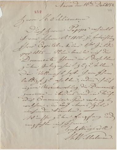 Letter sent by Wibbelmann, Hermann to Schliemann, Heinrich, 1854