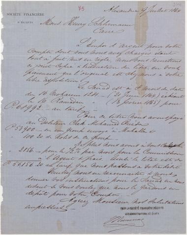 Letter sent by Société Financière d'Égypte to Schliemann, Heinrich, 1864