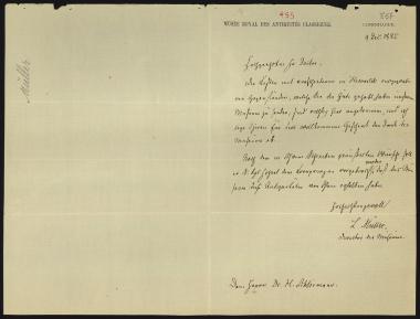 Letter sent by Müller, L. to Schliemann, Heinrich, 1885
