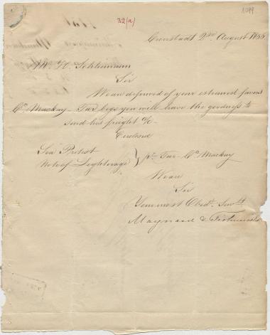 Letter sent by Maynard & Fishwicks to Schliemann, Heinrich, 1856
