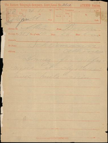 Letter sent by Virchow, Rudolf to Schliemann, Heinrich, 1884