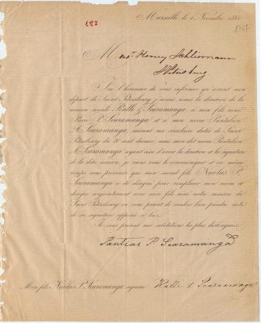Letter sent by Σκαραμαγκάς, Πέτρος and Ράλλης, ? to Schliemann, Heinrich, 1860